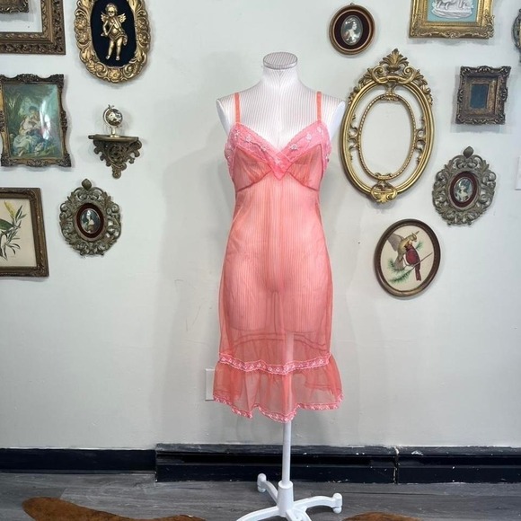 St Michael Dresses & Skirts - Vintage Y2K St Michael Sheer Coral Pink Lace Slip Dress